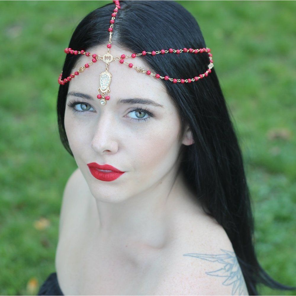 HANDMADE HEADPIECE CROWN RED GOLD CRYSTAL ROSARY